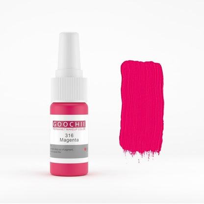 A bottle of GOOCHIE Wine Red 320 permanent makeup pigment beside a swatch of the bright red color, illustrating its vivid hue.
