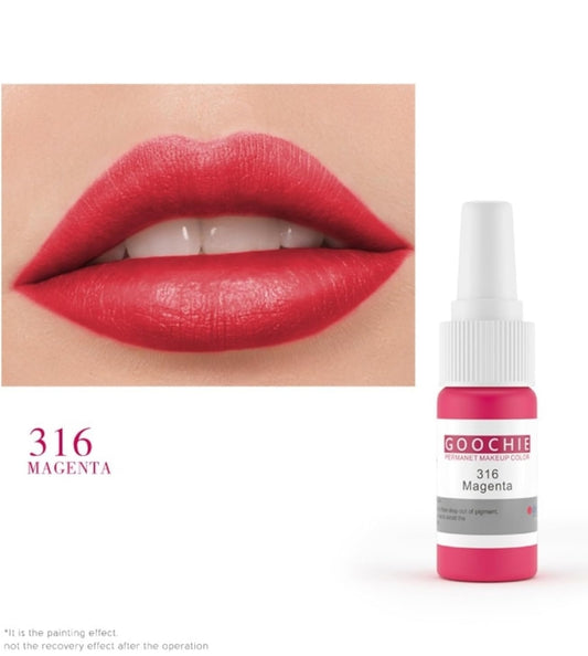 Close-up of lips showcasing the vibrant GOOCHIE Wine Red 320 permanent makeup pigment applied, with a bottle of the pigment in 15ml packaging.