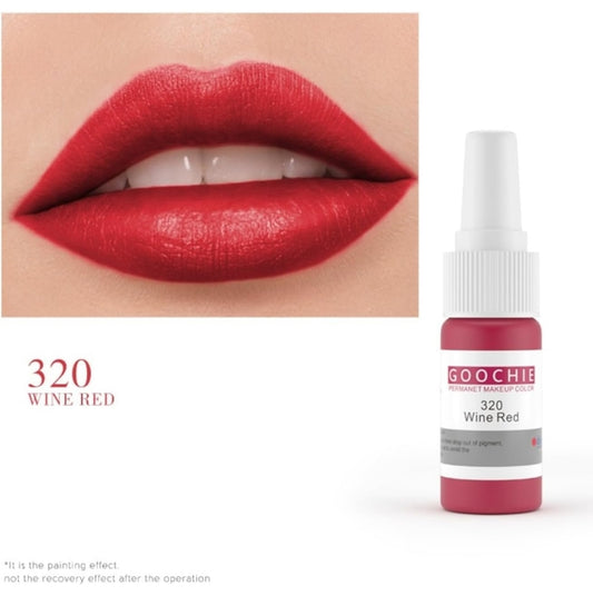 A close-up of luscious lips sporting GOOCHIE Wine Red 320 shade along with the pigment bottle, illustrating the bold effect of the permanent makeup color.