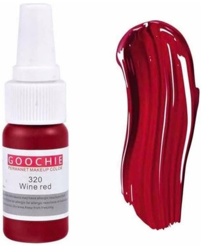 Another angle of the GOOCHIE Wine Red 320 pigment bottle alongside a thick swatch of deep red color, highlighting its vivid and organic formula.