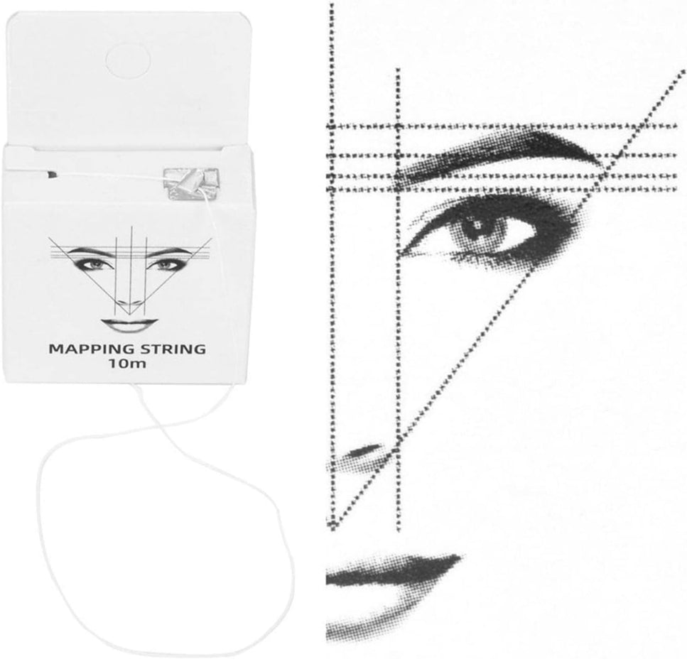 Packaging of the White Eyebrow Mapping String, highlighting its functions for artists in permanent makeup.