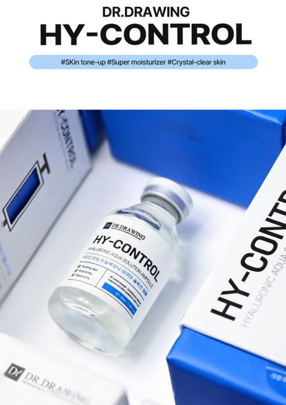 Close-up of Dr. Drawing HY-Control Hyaluronic Aqua Solution Ampoule 35ml highlighting its key ingredients like hyaluronic acid.