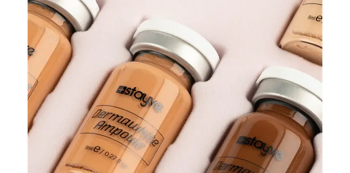 A close-up of two Stayve ampoules nestled in a tray, emphasizing the structured design that holds multiple products within the Stayve BB Glow Customized Kit. This collection includes essential items like the Stayve BB Glow Neutralising Foam, perfect for anyone exploring the Korean BB Glow kit.