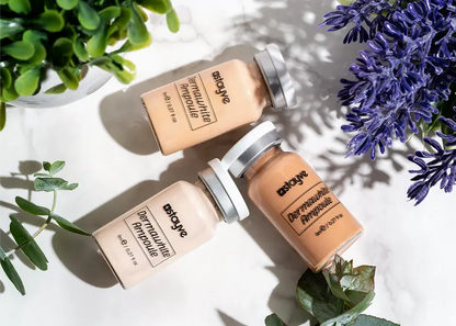 Three Stayve ampoules displayed with fresh greenery and flowers, showcasing the natural beauty that comes from using high-quality BB Glow products. This aesthetic composition highlights the Stayve BB Glow kit, promoting a vibrant and radiant skincare experience.