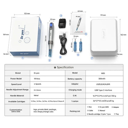 Contents of the Dr. Pen M8S Microneedling Pen package, including USB Charging Cable and user manual for at-home skincare.
