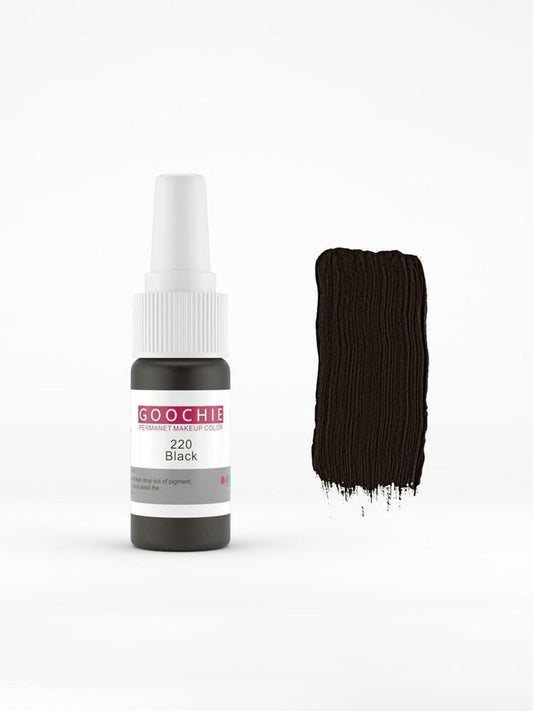 Goochie Permanent Micro-Pigment Eyebrow Enhancer, 15 ml (Black 220) bottle alongside a swatch of the color, showcasing the product from SD Cosmetics Care.