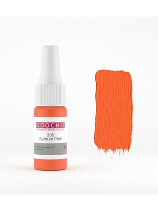 Goochie Permanent Micro-Pigment Lip Tint in Salmon Pink 305, showcasing the bottle alongside a swatch of the vibrant orange-pink pigment.