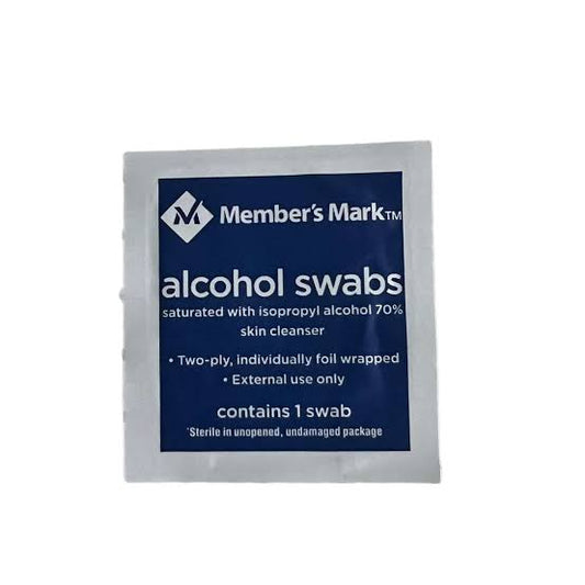 Member's Mark alcohol swabs packaging, featuring a blue background with white text, highlighting the use of 70% isopropyl alcohol for skin cleansing. The package states it contains one sterile swab and is individually foil-wrapped.