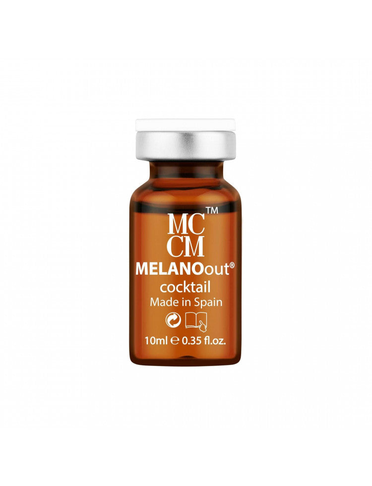 Close-up of a MCCM MELANOout cocktail vial showcasing its amber color and silver cap with clear labeled text, indicating 10ml.