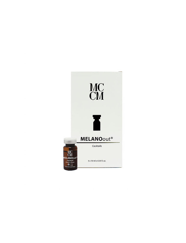 MCCM MELANOout cocktail packaging featuring a small vial beside a white box with black lettering, indicating 5 x 10ml vials.