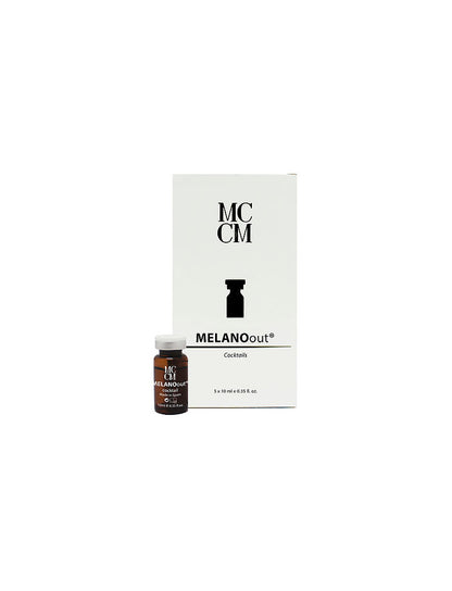 MCCM MELANOout cocktail packaging featuring a small vial beside a white box with black lettering, indicating 5 x 10ml vials.