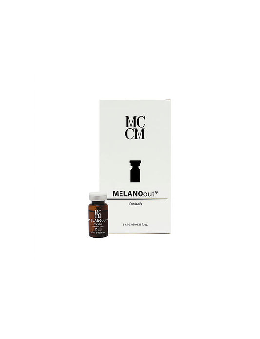 MCCM MELANOout cocktail packaging featuring a small vial beside a white box with black lettering, indicating 5 x 10ml vials.