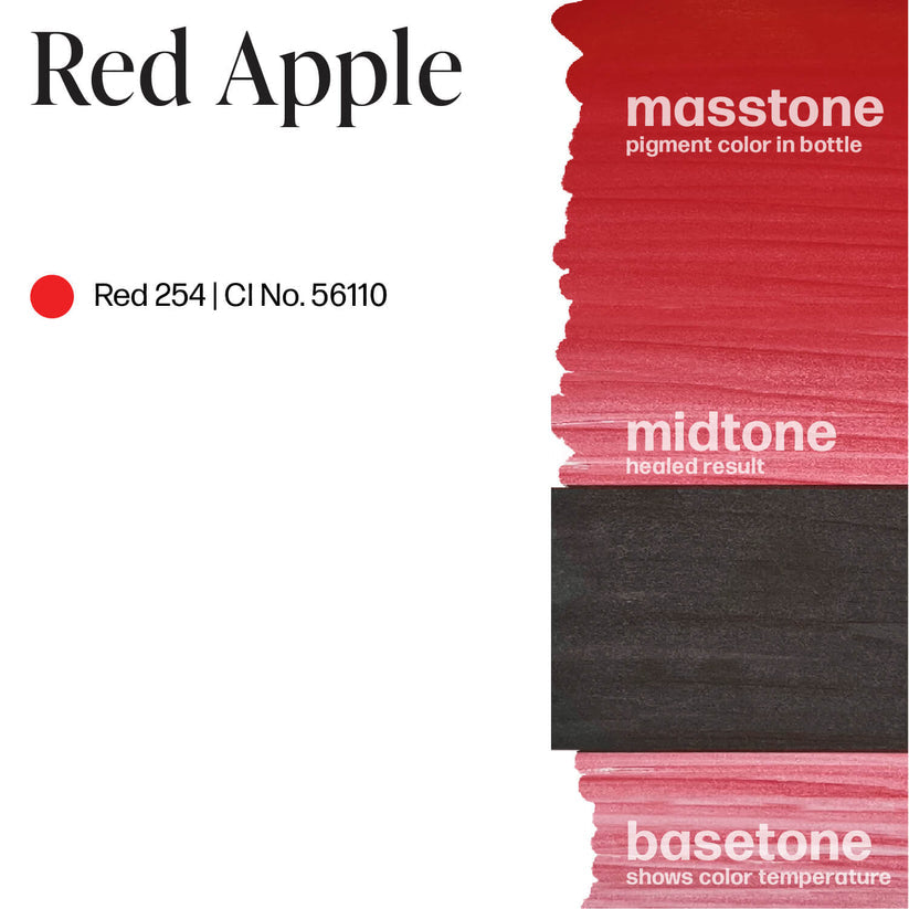 Swatch of PERMABLEND LUXE Red Apple showing its stunning sheer red with pink undertones, perfect for blending and enhancing natural lip color.
