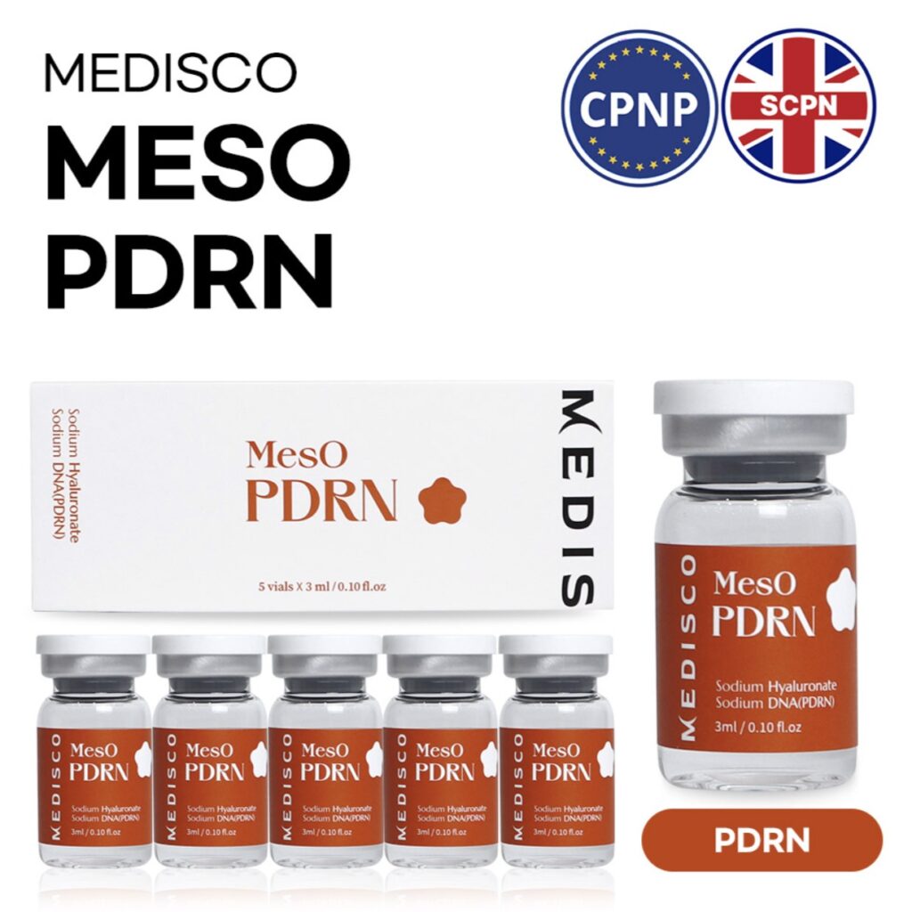 Display of Medisco Meso PDRN Mesotherapy products, featuring the benefits of Meso solutions for Hair & Skin in revitalizing and nourishing the complexion.