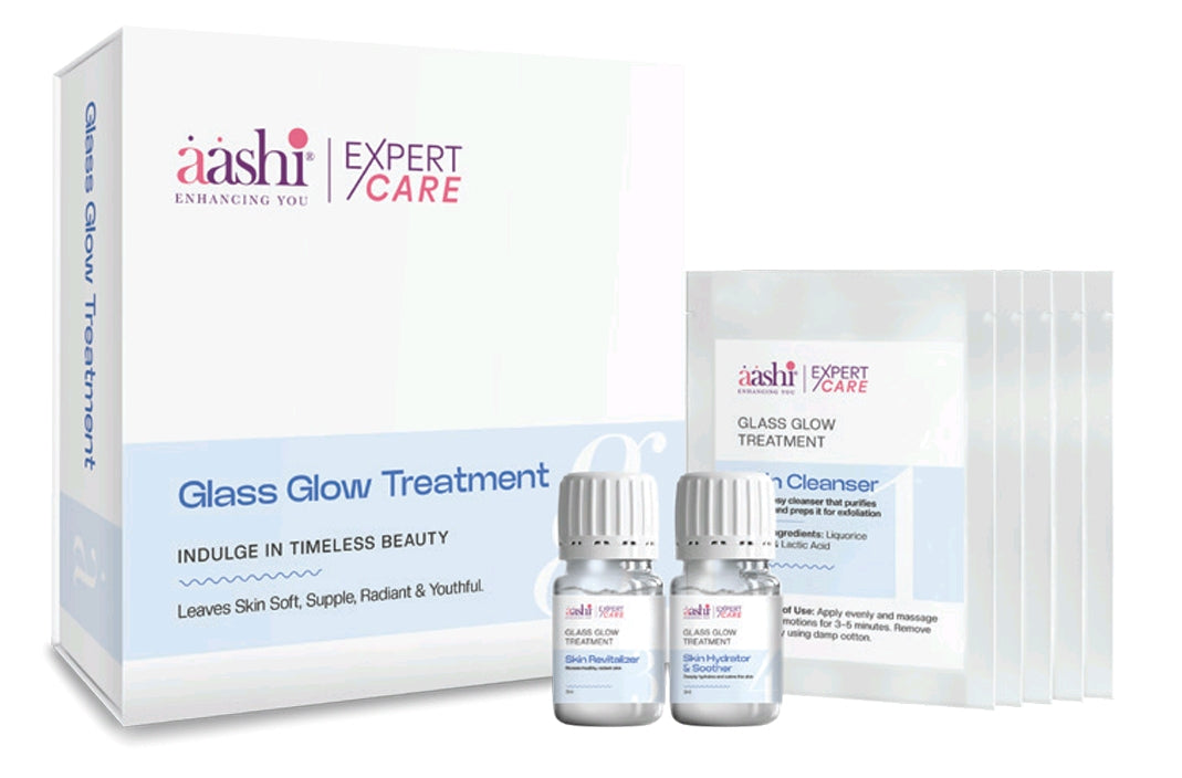 Aashi Glass Glow Monodose Treatment kit (Single Treatment kit), Aashi Glass Glow Monodose Treatment Kit for luminous, hydrated skin—a peel based treatment kit, Korean glass sheet mask, and Korean Glass Treatment kit.