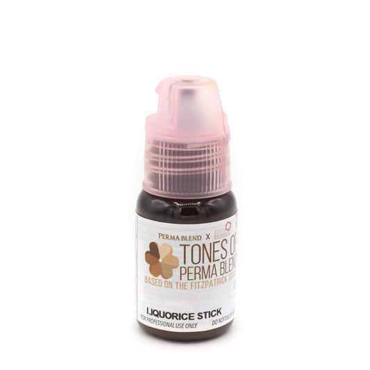 Permablend Liquorice Stick 15ml bottle for permanent makeup, ideal for dark brown to black hair, featuring the product title and high-quality pigment.