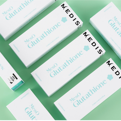 Five ampoules of Medisco Meso Glutathione, emphasizing its status as a premium Meso solution for hair and skin, packed with glutathione to combat free radicals.