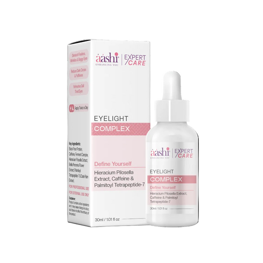 Aashi Eyelight Complex 30ml product image showcasing the serum designed to reduce puffiness and dark circles, featuring key ingredients for firmer and smoother eyes. Eyelight Complex.