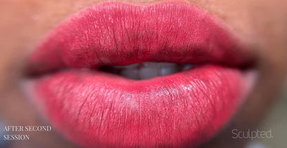 Model smiling with Perma Blend Hen Party lipstick, highlighting its appealing color for all ages.