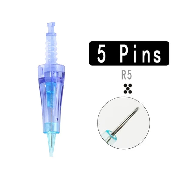 PERMANENT MAKEUP DR PEN NEEDLE R5 (5pin) 10-pack displayed with essential makeup tools for artists.