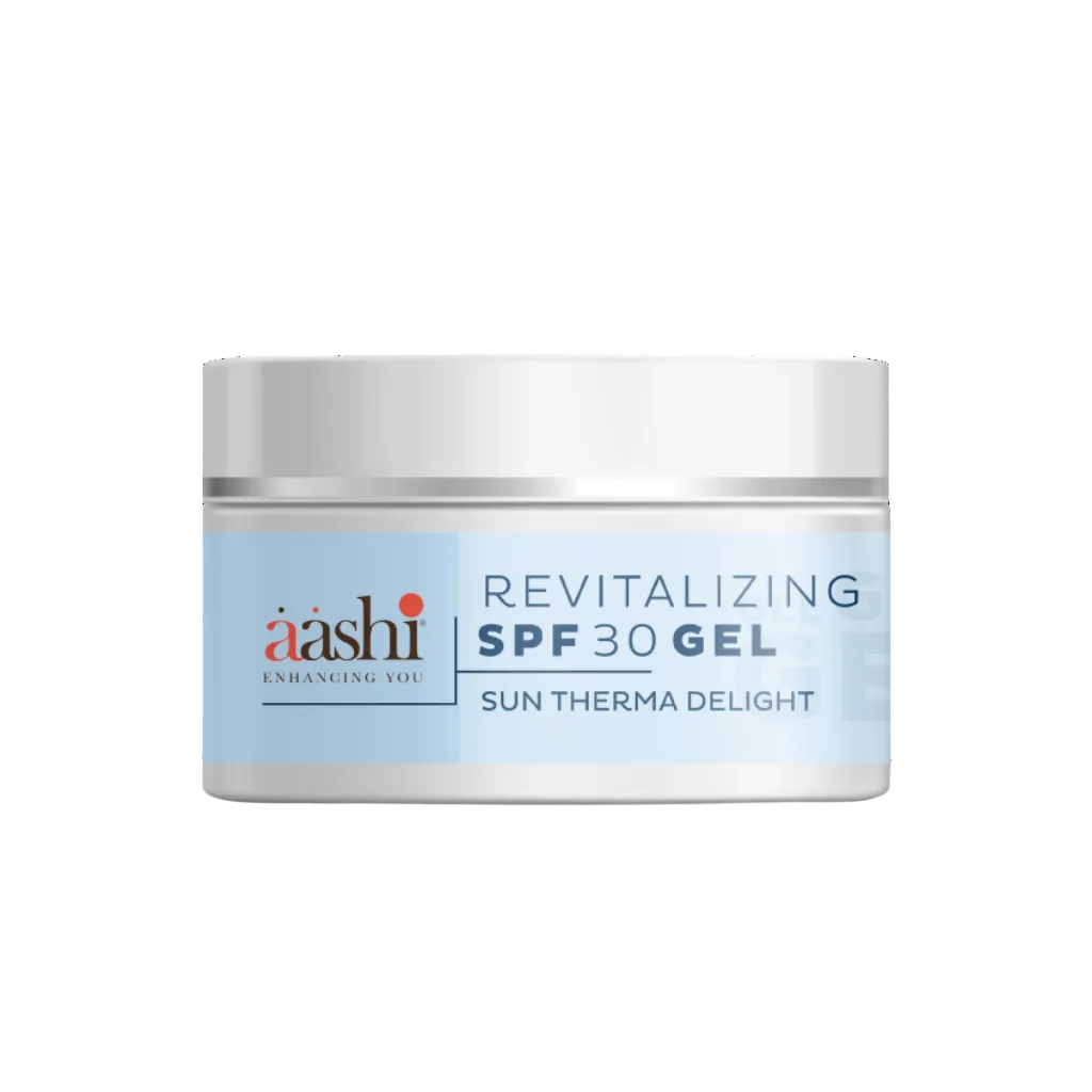 Aashi Revitalizing SPF 30 Gel in a sleek tube, providing essential sun protection for oily and combination skin with broad-spectrum coverage.