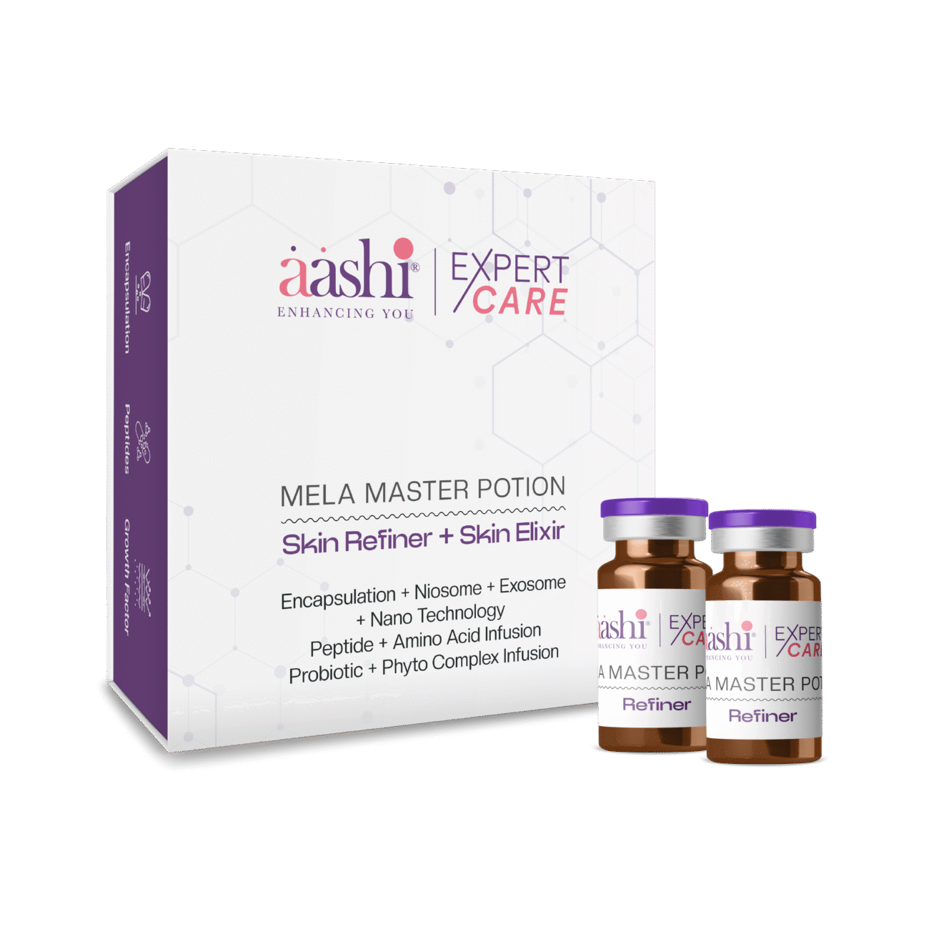 Aashi Mela Master Potion in a sleek bottle, showcasing the effective ingredients used to fade dark spots and achieve a brighter skin tone with this innovative skincare solution.
