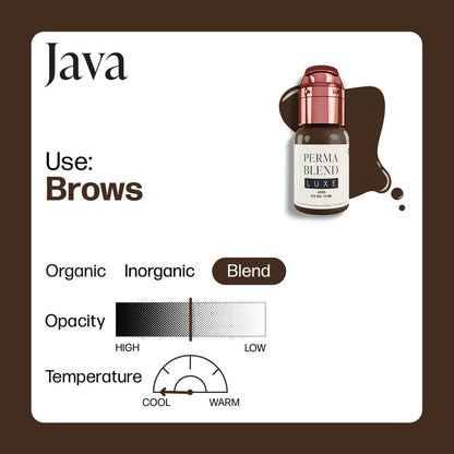 Close-up view of PERMABLEND LUXE Java pigment demonstrating rich mid-range brown shade, ideal for enhancing natural beauty.