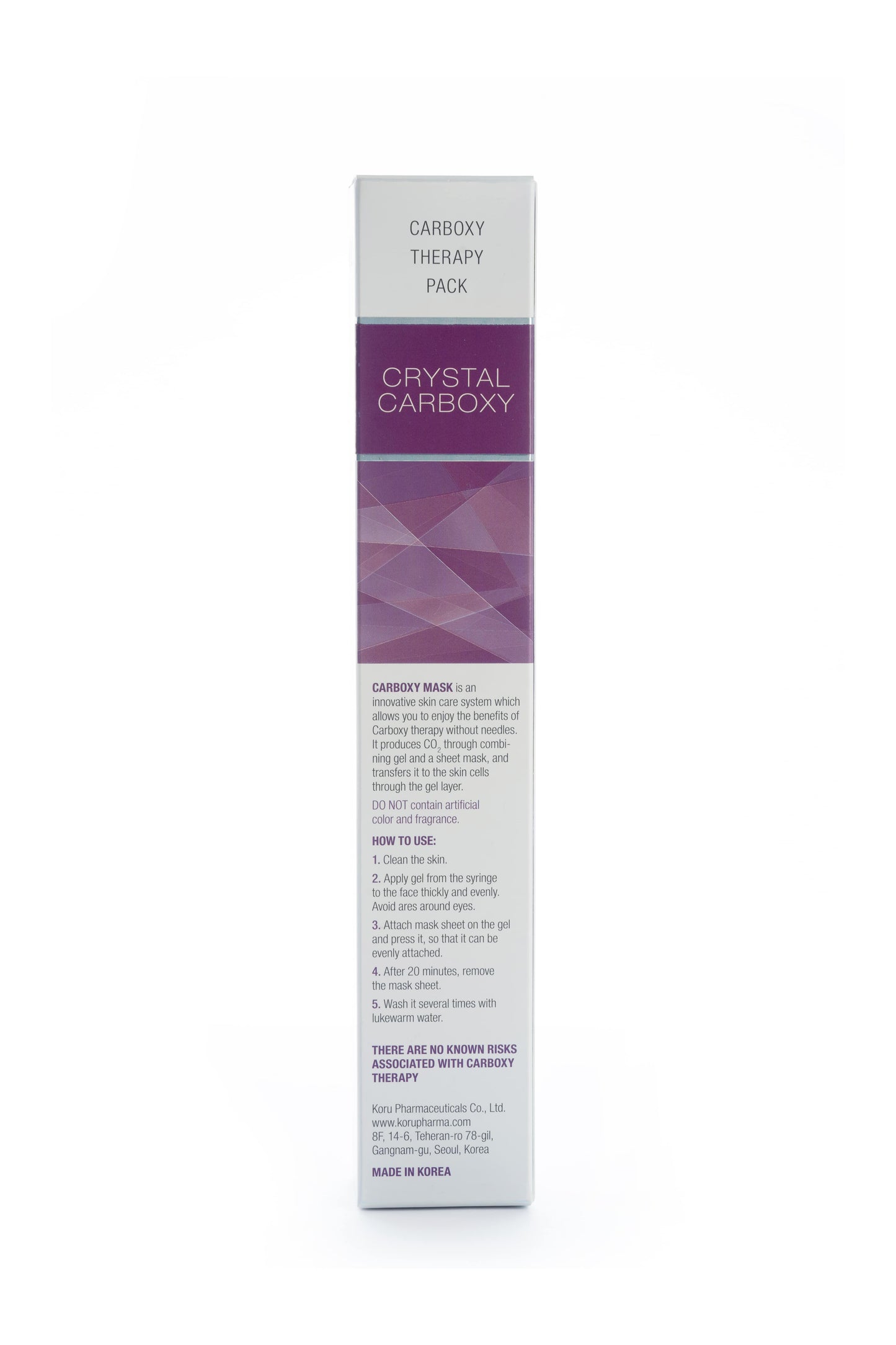 Side view of the CRYSTAL CARBOXY MASK box detailing instructions for use. This image emphasizes the quality of the imported face mask as a part of Stayve Korean Masks and Tok Tok Mask collection.