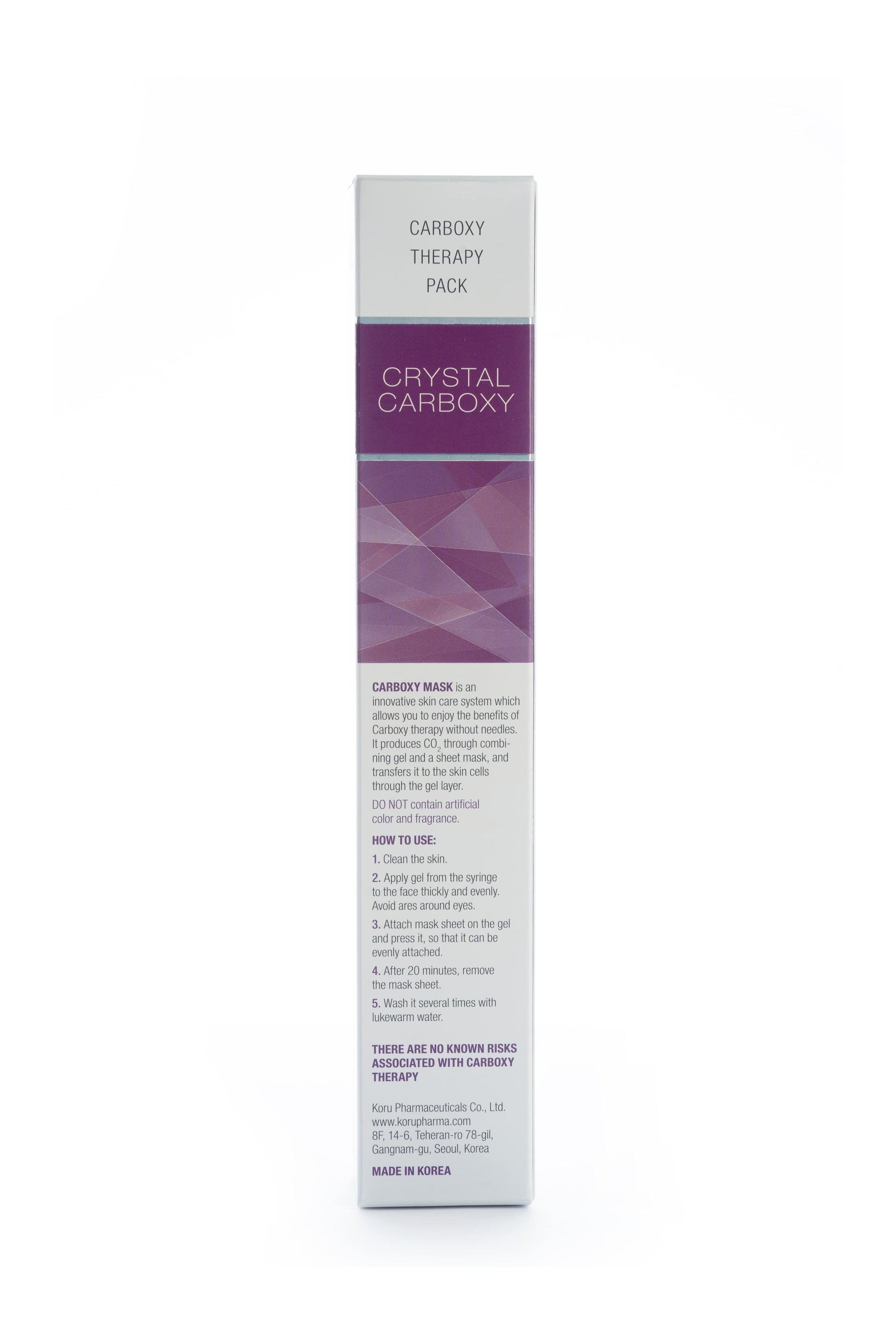 Side view of the CRYSTAL CARBOXY MASK box detailing instructions for use. This image emphasizes the quality of the imported face mask as a part of Stayve Korean Masks and Tok Tok Mask collection.