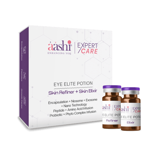 Aashi Eye Elite Potion for reducing puffiness and dark circles, showcasing the benefits and active ingredients of the Eye Elite Potion by Aashi.
