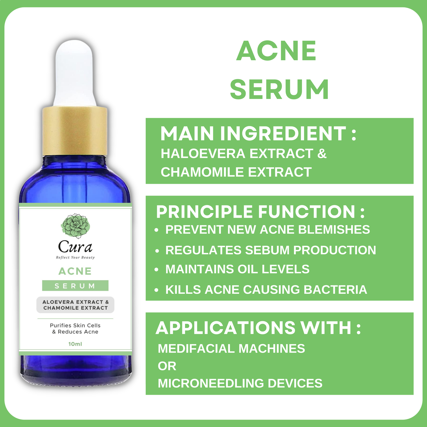 Cura Acne Serum 10ml - Natural Treatment for Acne Marks, Blemishes & Prone Skin - SD Cosmetics Care