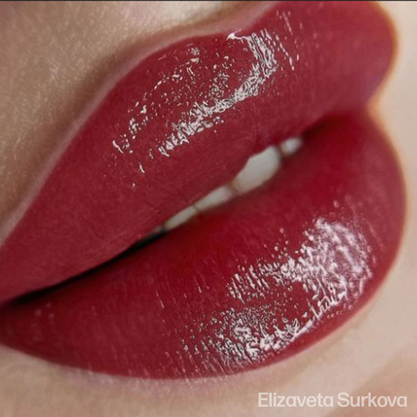 Various visuals of Permablend Dusky Crimson showing its deep alluring tone, a favorite among makeup artists for bold lip statements.
