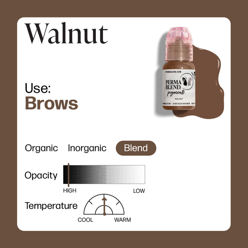 Close-up of Permablend Walnut 15ml pigment emphasizing its high opacity and hand-crafted quality, ideal for enhancing natural eyebrow beauty.