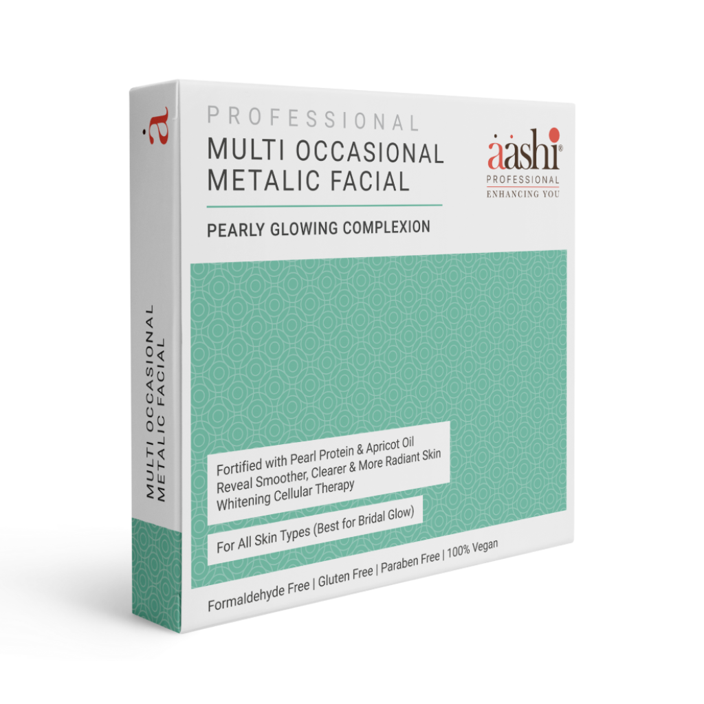 Aashi Multi Occasional Metallic Facial kit showcasing a glowing complexion treatment, featuring key ingredients like Pearl Protein and Apricot Oil, perfect for rejuvenating dull skin.