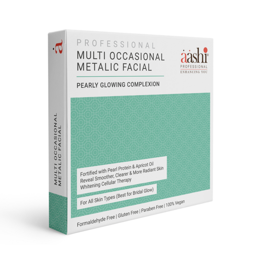 Aashi Multi Occasional Metallic Facial kit showcasing a glowing complexion treatment, featuring key ingredients like Pearl Protein and Apricot Oil, perfect for rejuvenating dull skin.