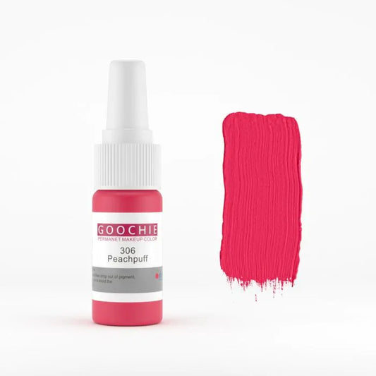 Goochie Peachpuff 306 semi-permanent makeup pigment bottle with a swatch of color showing the vibrant hue.