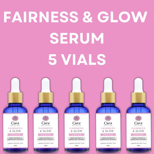 Cura Fairness and Glow Serum 10ml × 5 Vials - A set of five vials showcasing the Cura serum, designed for fairness and glow. This whitening Meso solution serum revitalizes skin cells and helps deliver a smooth texture.