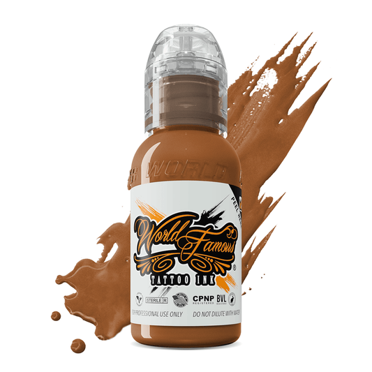 World Famous - Skintone Botticelli Brown Ink 1oz bottle with rich brown color, ideal for tattoo artistry.