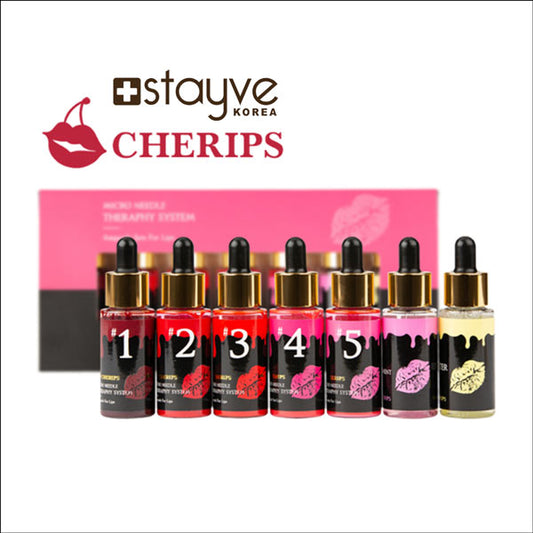 Stayve Cherips Micro-needling Ampoules Set for Lips showcasing the Stayve Lip Tint selection with various vibrant colors.