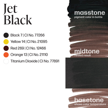 Close-up of Permablend Jet Black 15ml bottle, ideal for artists who desire rich and lasting brow pigment.