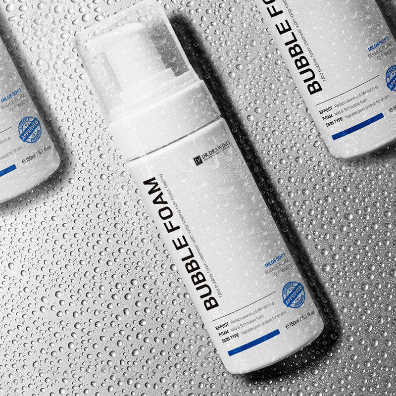 Dr. Drawing Bubble Foam Cleanser 150 ml pump dispensing rich bubbles for effective cleansing.