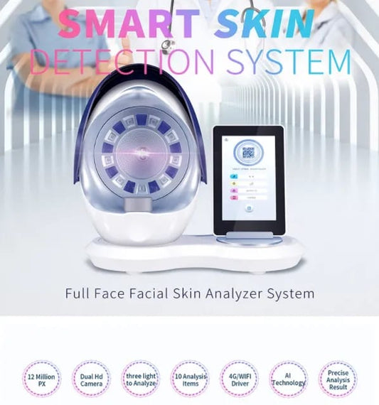 The Magic Mirror Professional Skin Analyzer 3D smart face skin diagnosis system for clinic showcasing its advanced features, highlighting its use as a Dermascop, Hair Analyser, and Skin analyser.