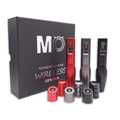 MO Wireless Permanent Makeup Tattoo Pen Machine set displayed in a sleek box, featuring a variety of ergonomic grips. Perfect for professional artists seeking a Permanent Makeup wireless machine and Pmu machine.