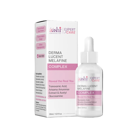 Aashi Derma Lucent Melafine Complex 30ml bottle showcasing the benefits of reducing dark spots and promoting an even skin tone, perfect for those dealing with melasma and pigmentation issues.