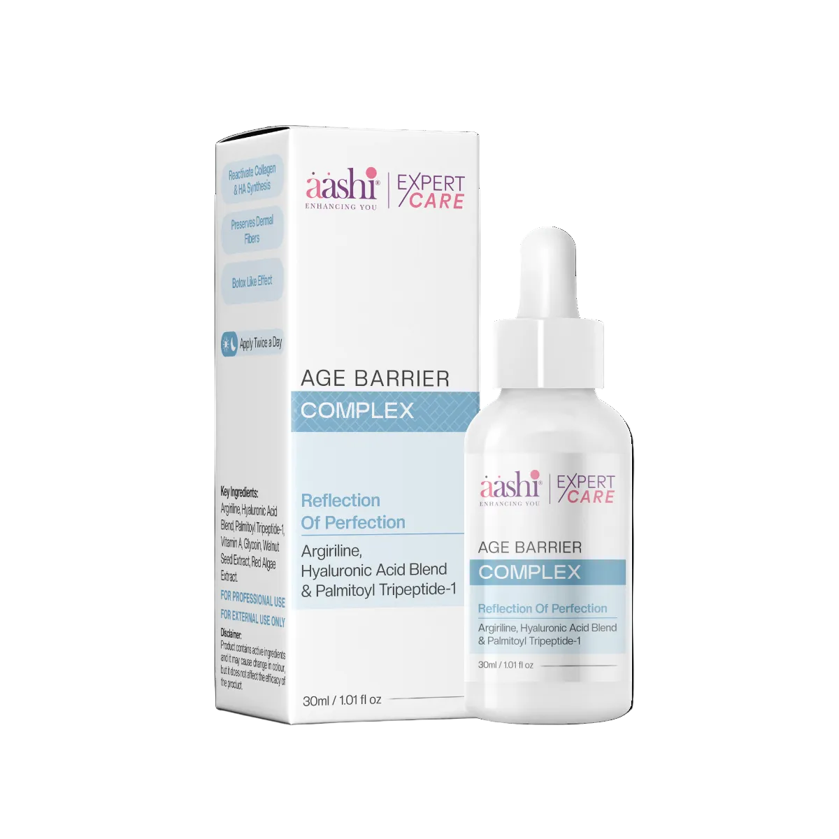 Aashi Age Barrier Complex 30ml bottle showcasing its anti-aging benefits and key ingredients like Argiriline and Hyaluronic Acid for youthful, radiant skin.