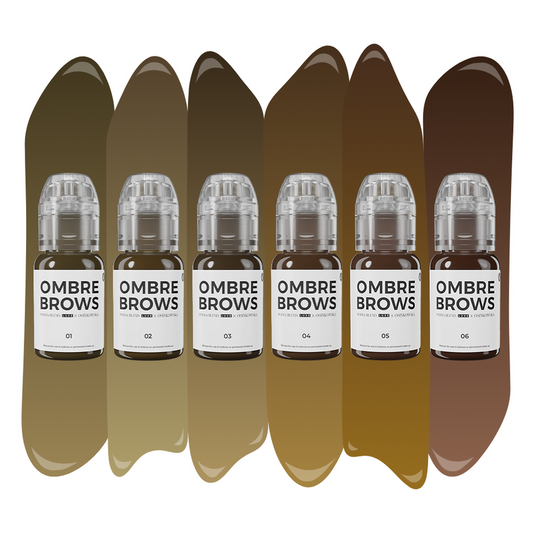 Perma Blend Luxe PMU Ink - Paulina Osinkowska Ombre Brows Set showcasing six 15ml bottles of pigment for natural brow enhancement.
