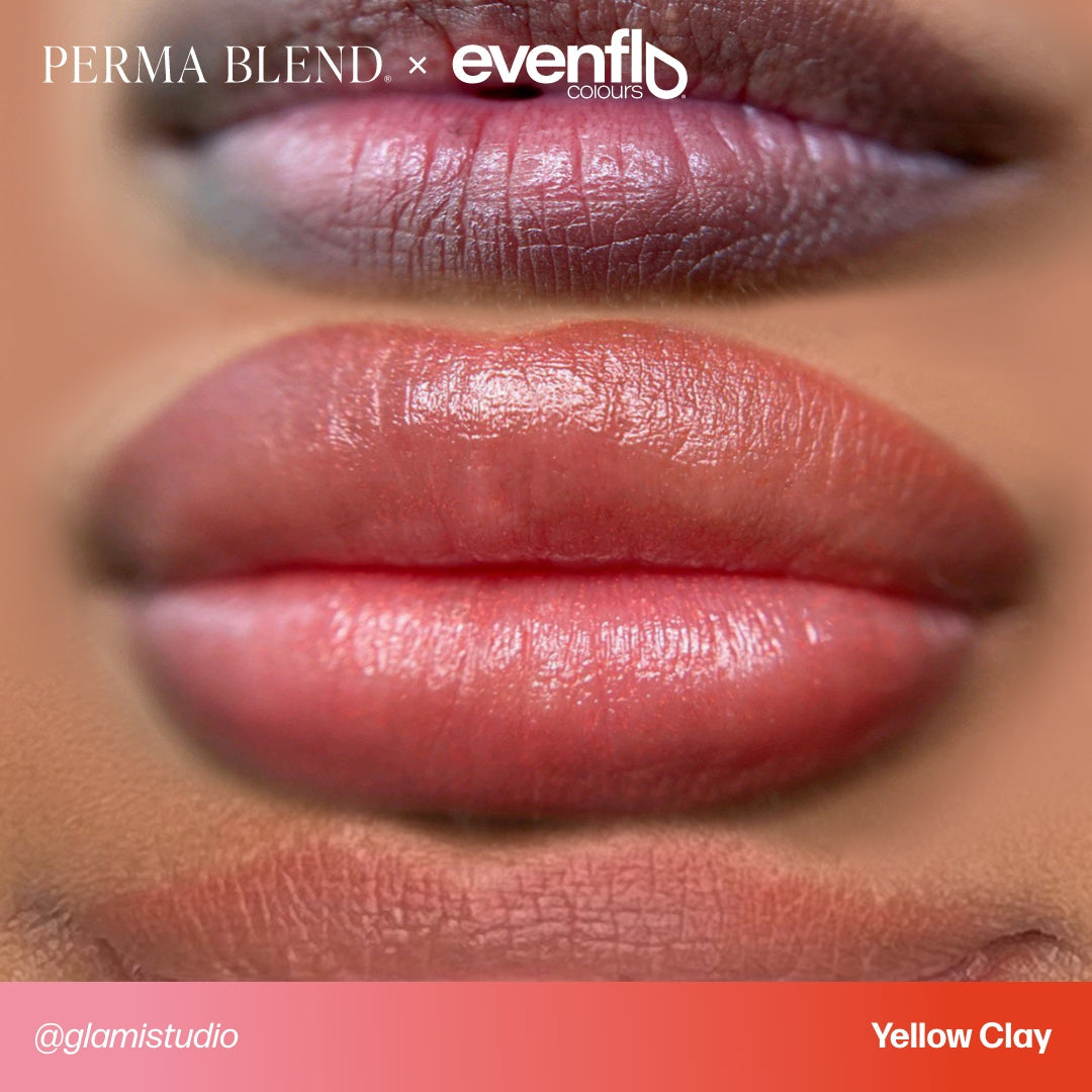 Permablend Evenflo Yellow Clay pigment bottle for balancing dark purple and brown lip undertones