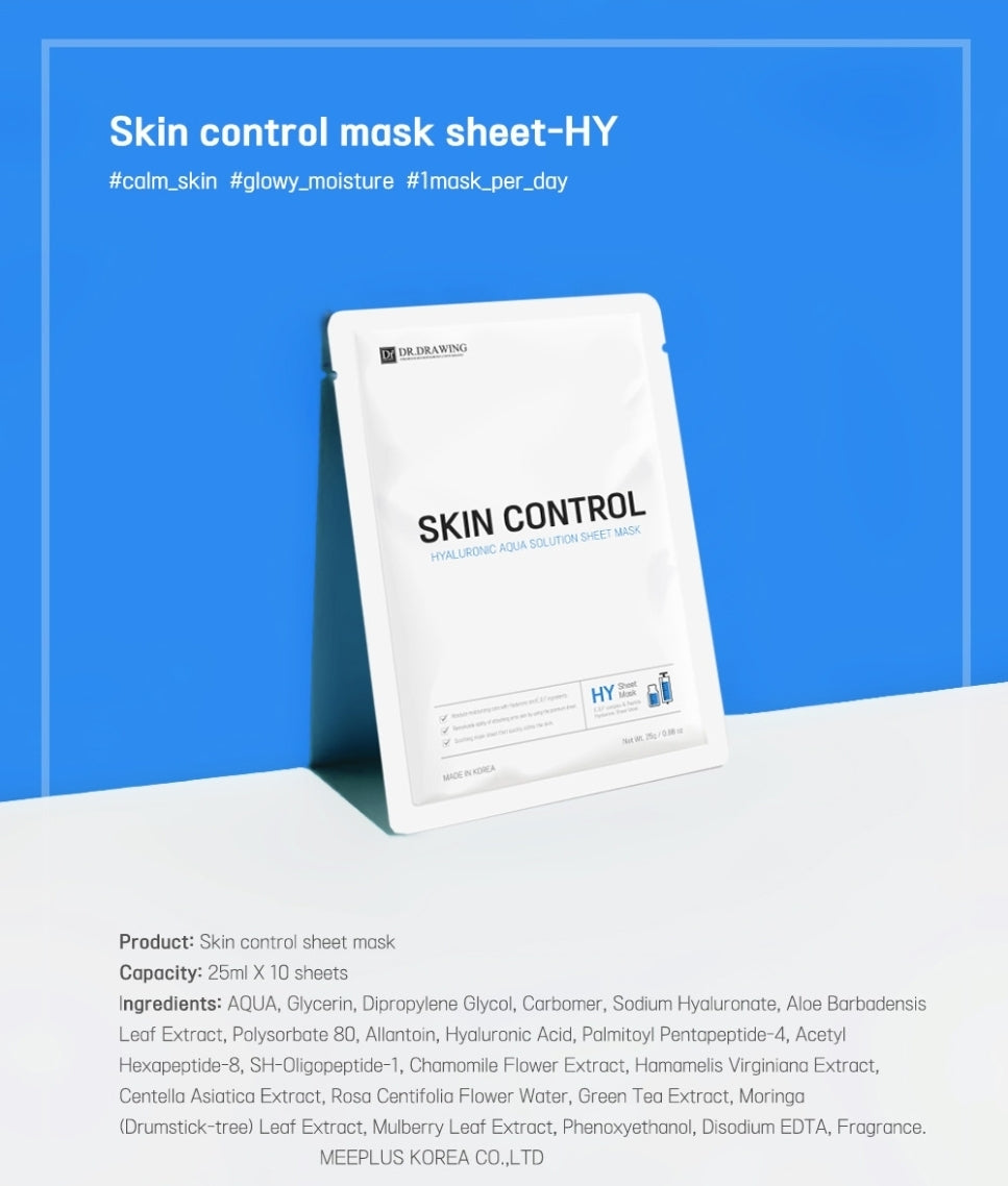 User applying Dr. Drawing Skin Control Hyaluronic Aqua Solution Sheet Mask for a refreshing skincare experience.