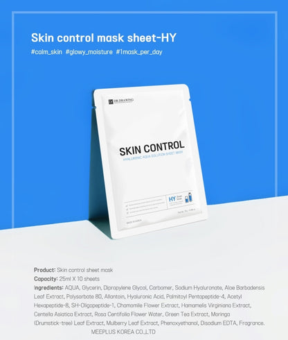 User applying Dr. Drawing Skin Control Hyaluronic Aqua Solution Sheet Mask for a refreshing skincare experience.