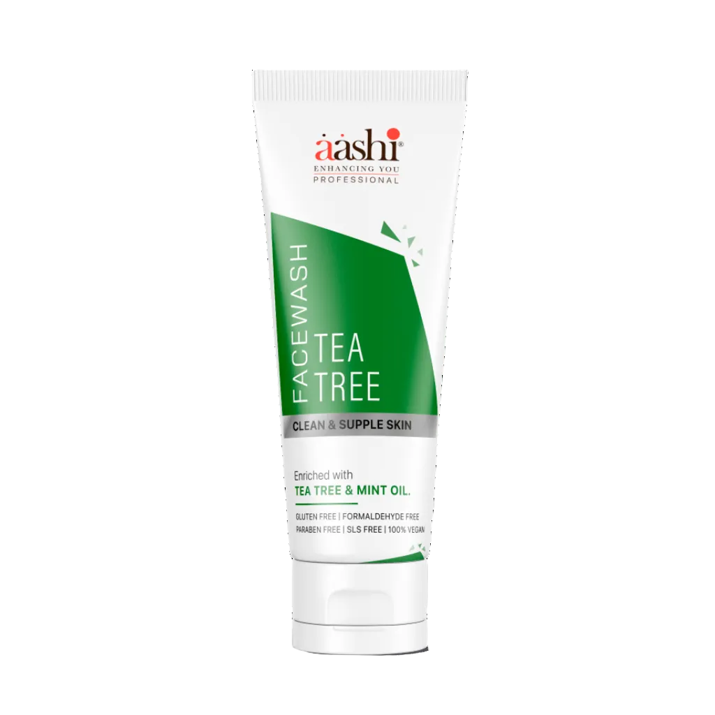 Aashi Tea Tree Facewash 75ml shown in a sleek bottle with a refreshing design, perfect for deep cleansing oily and acne-prone skin, enriched with tea tree oil for a healthy complexion.